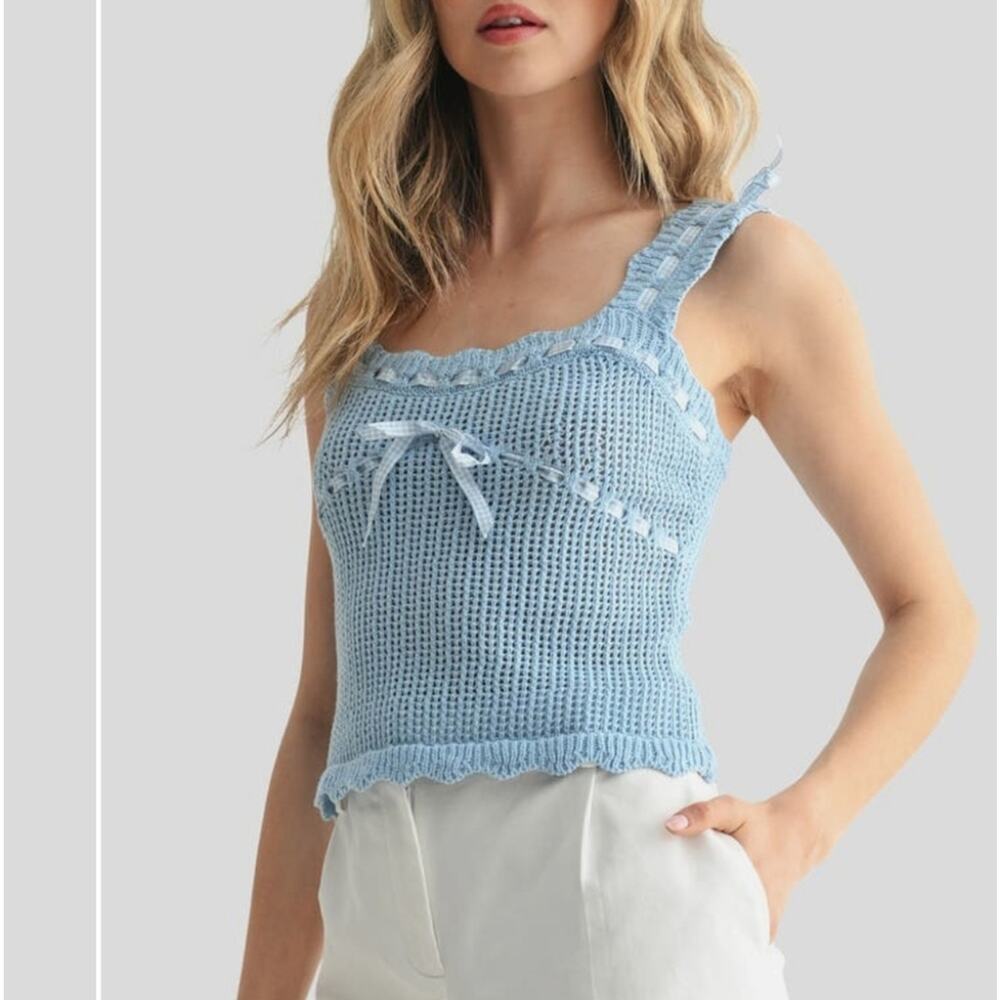 Lush Open Knit Tank Gingham Ribbon Blue Knit Tank NWT